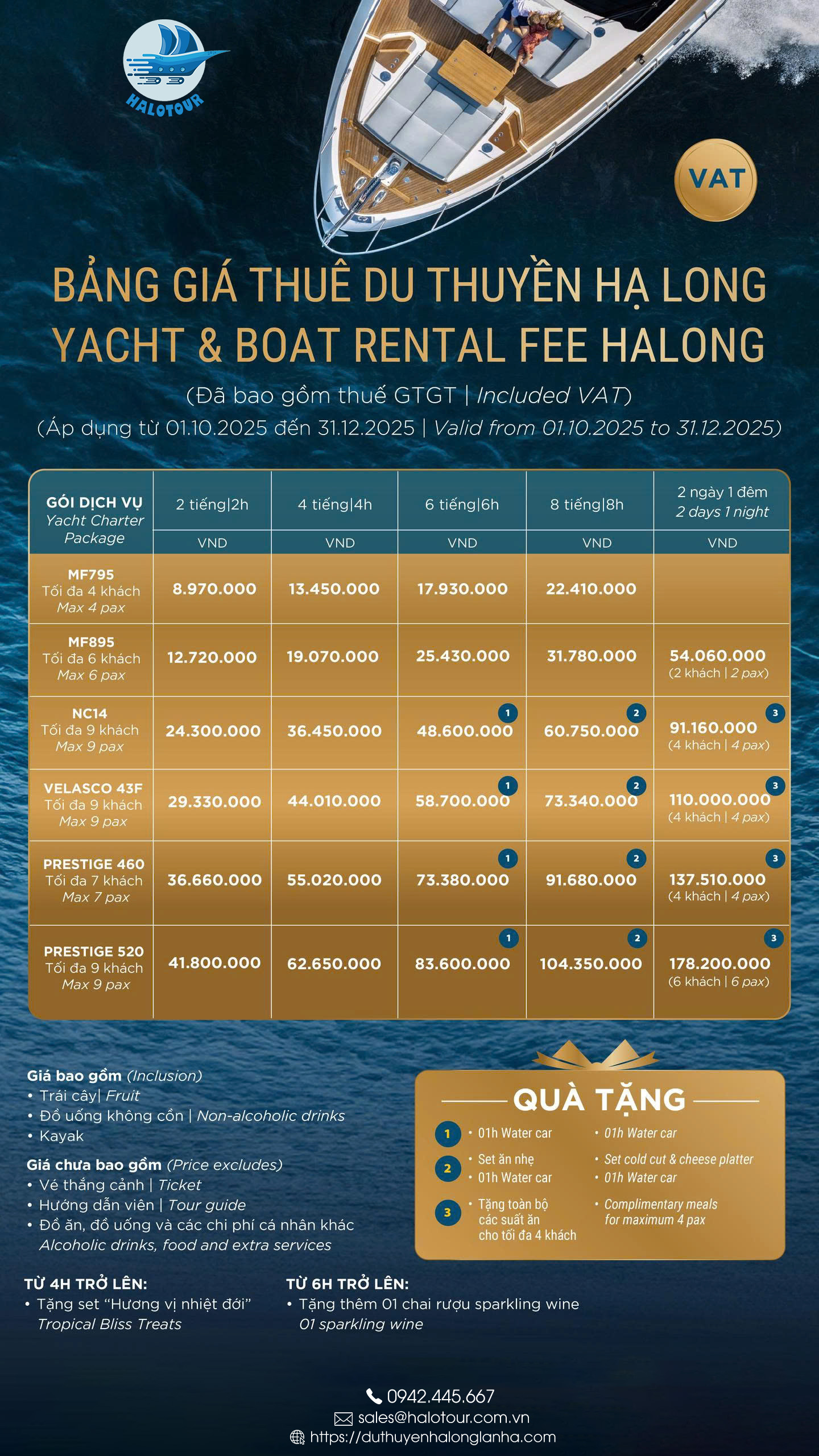 Bảng giá cho thuê du thuyền cá nhân cao cấp tại Hạ Long