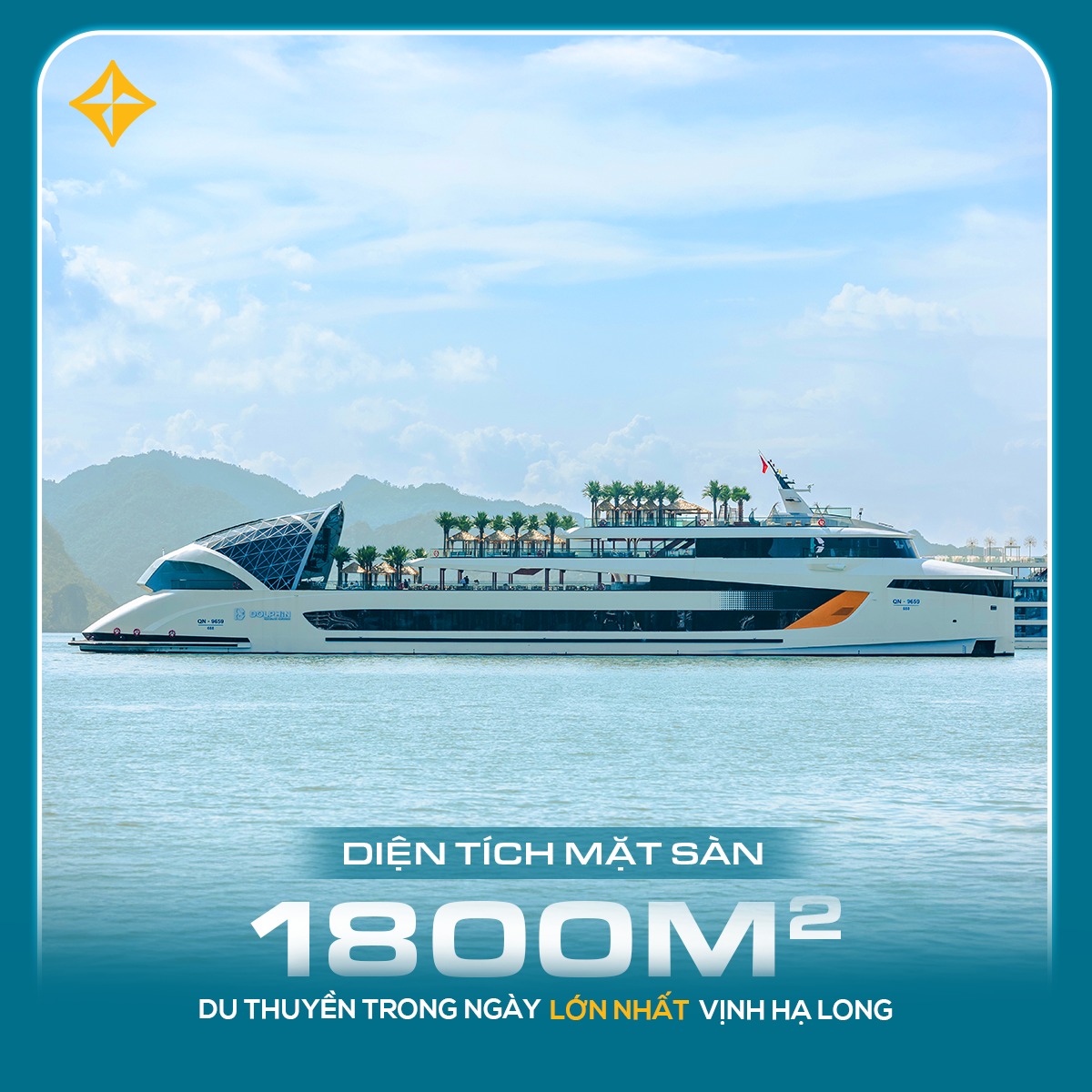 Dolphin Halong cruise có chiều dài lên tới 99,9m cùng sức chứa tối đa lên tới 688 khách. Đây cũng là du thuyền Hạ Long trong ngày có sức chứa lớn nhất ở thời điểm ra mắt