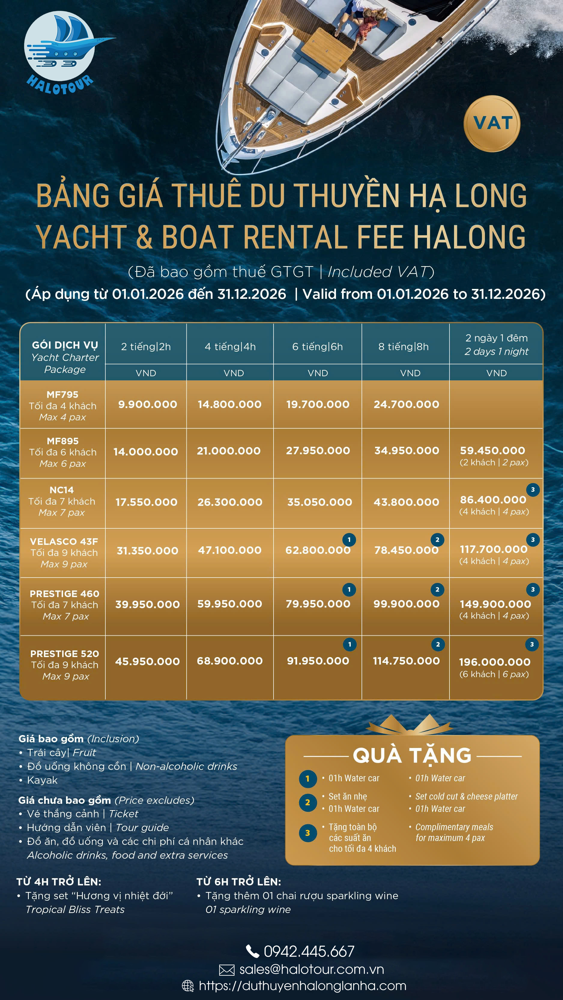 Bang gia thue du thuyen ca nhan cao cap tai Ha Long 2026