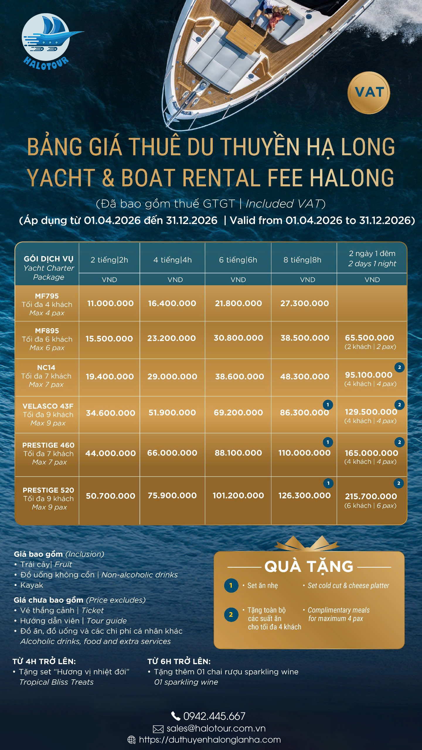 Bảng giá cho thuê du thuyền cá nhân cao cấp tại Hạ Long