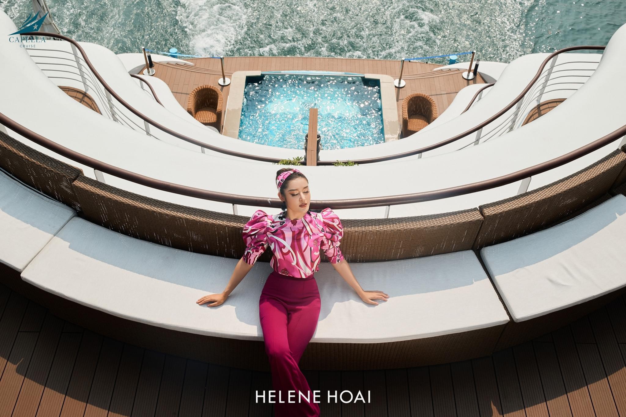 Á hậu Huyền My check in tại bể bơi lớn nhất trên tàu ngủ đêm 5 sao vịnh Lan Hạ