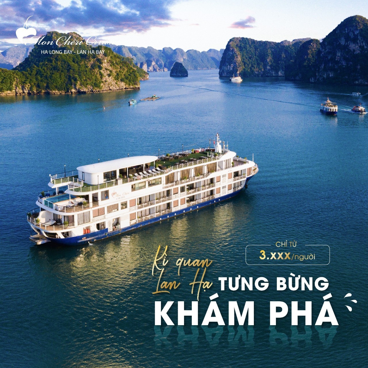 Du thuyền Mon Cheri cruise 5 sao vịnh Lan Hạ 4 Voucher du thuyền 5* Mon Cheri vịnh Hạ Long - Lan Hạ giá ưu đãi từ Halotour