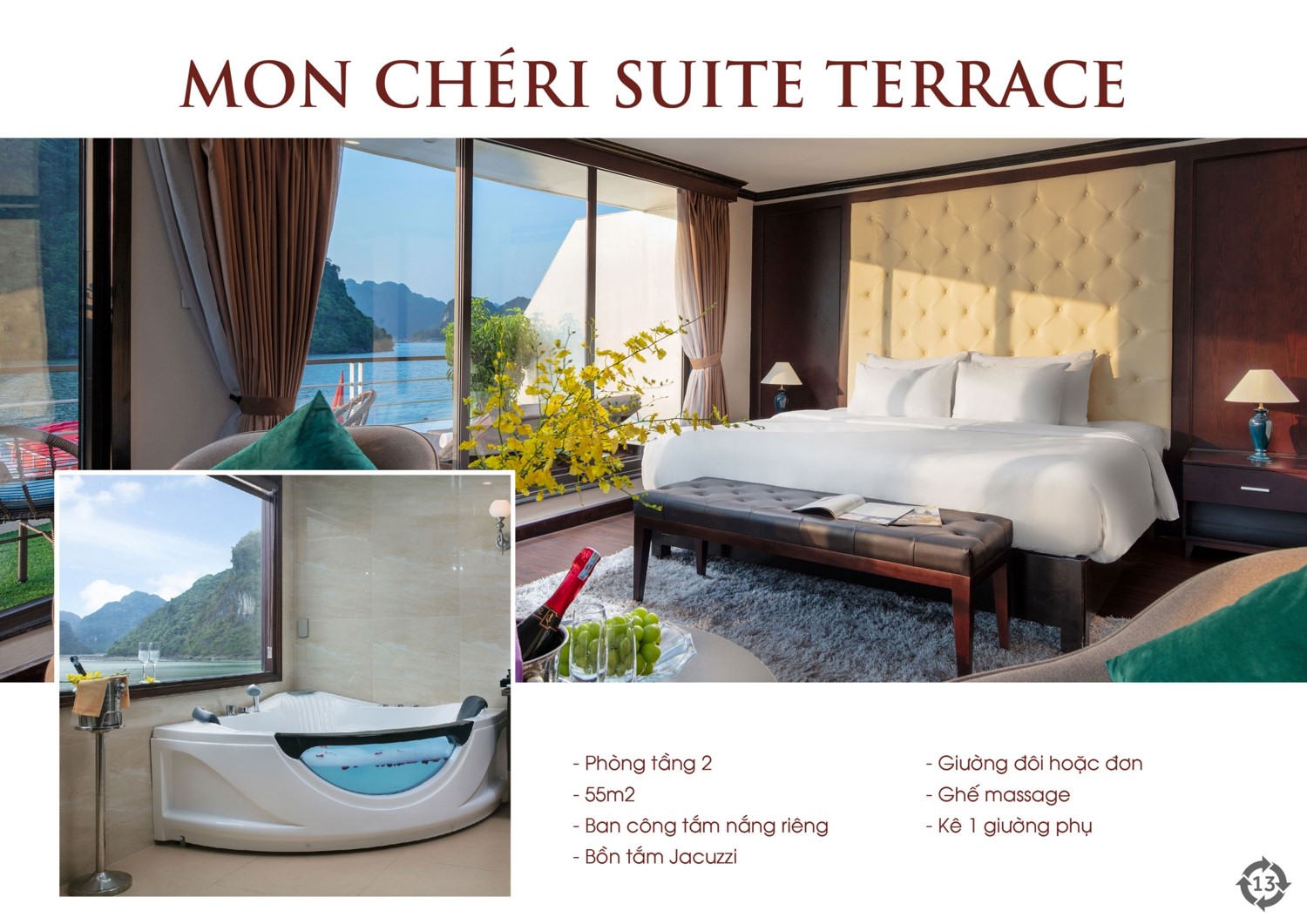 Du thuyền Mon Cheri cruise 5 sao vịnh Lan Hạ 9 Phòng Suite terrace