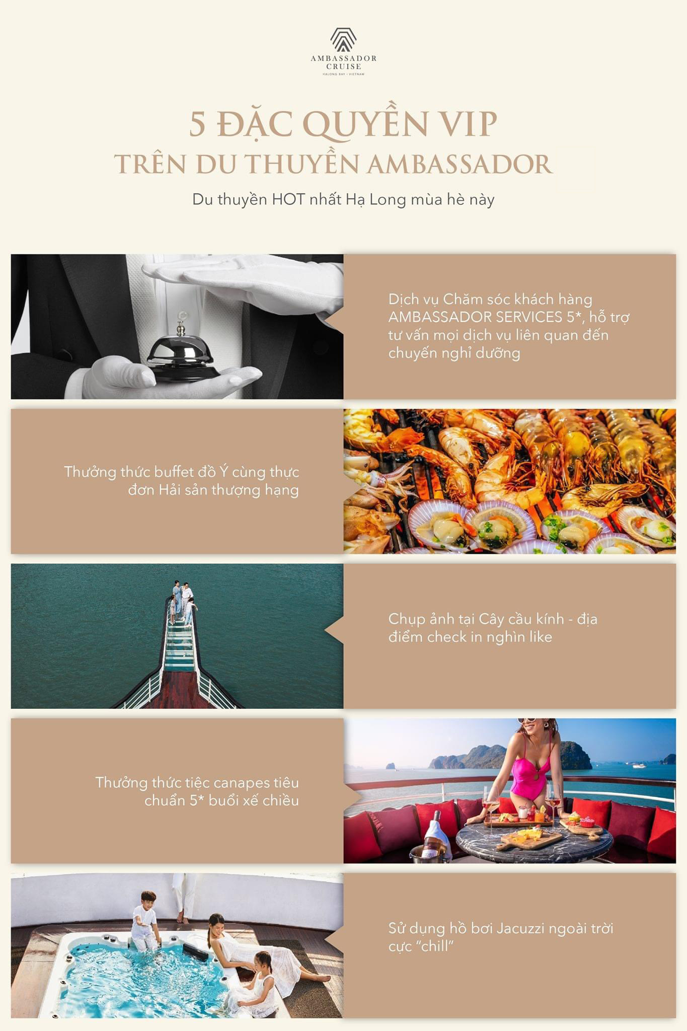 Du thuyền Ambassador cruise 5* 2N1Đ vịnh Hạ Long 2 5 đặc quyền VIP khi trải nghiệm tàu ngủ đêm 6* vịnh Hạ Long