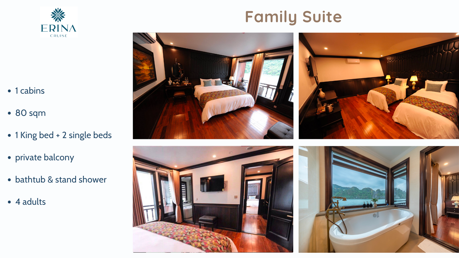 Du thuyền Erina cruise 5 sao vịnh Lan Hạ 10 Hạng Family dành cho đoàn 4 người lớn du thuyền 5* Erina cruise vịnh Lan Hạ