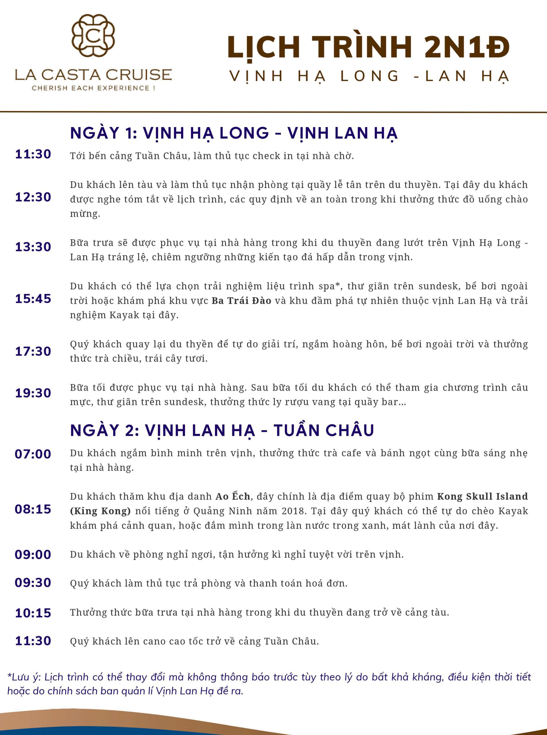 Du thuyền La Casta cruise 5 sao vịnh Lan Hạ 8 Lịch trình du thuyền La Casta cruise 2N1Đ Lan Hạ
