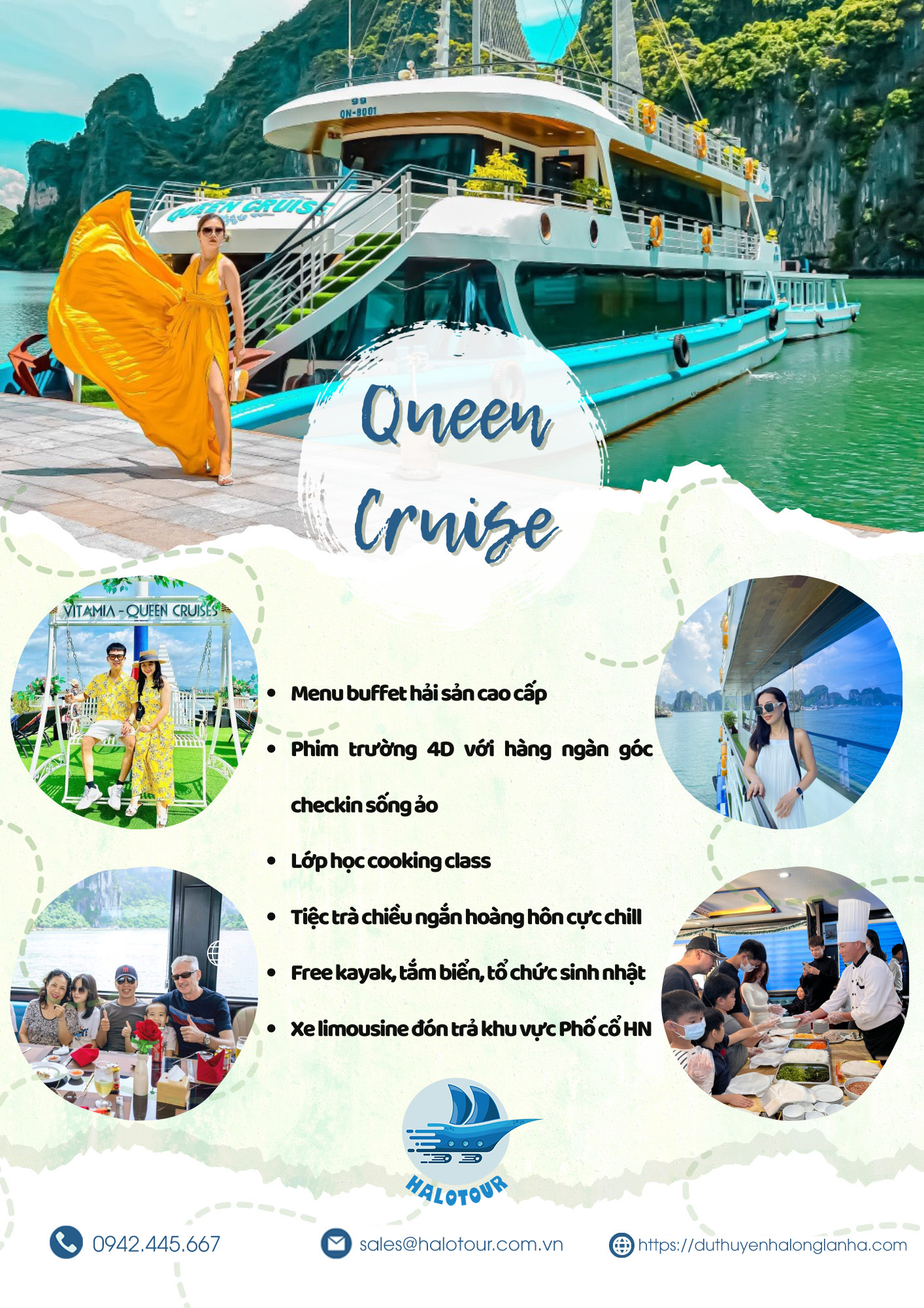 Du thuyền Queen cruise tham quan Hạ Long 1 ngày 9 Giá khuyến mại ưu đãi khi đặt du thuyền với duthuyenhalonglanha.com