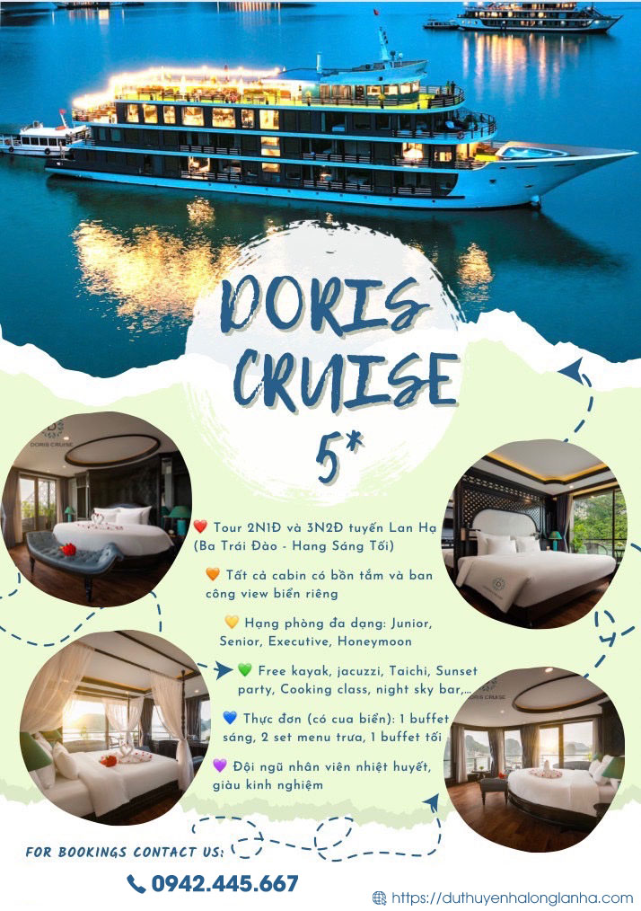 Đặt phòng du thuyền 5* Doris cruise giá rẻ hơn nhiều so với giá niêm yết tại duthuyenhalonglanha.com