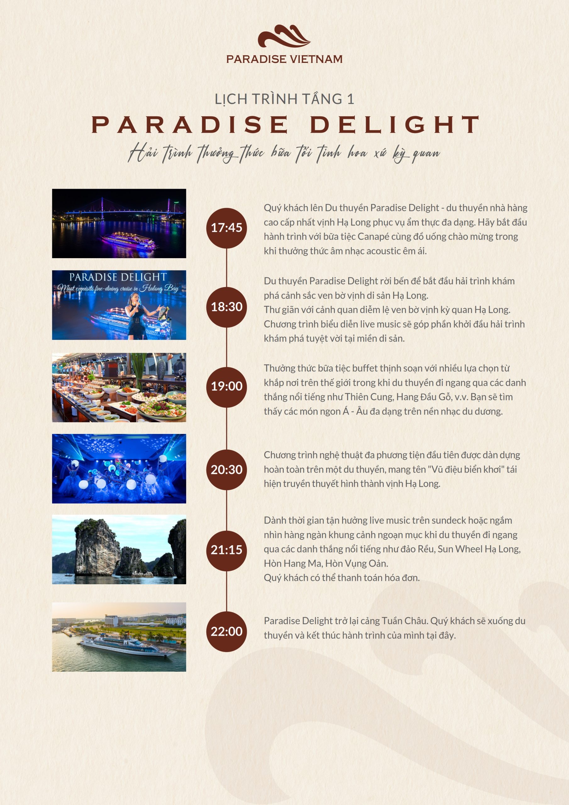 Du thuyền nhà hàng Paradise Delight Hạ Long 11 Lịch trình du thuyền nhà hàng Paradise Delight dining cruise Hạ long tầng 1 buổi tối