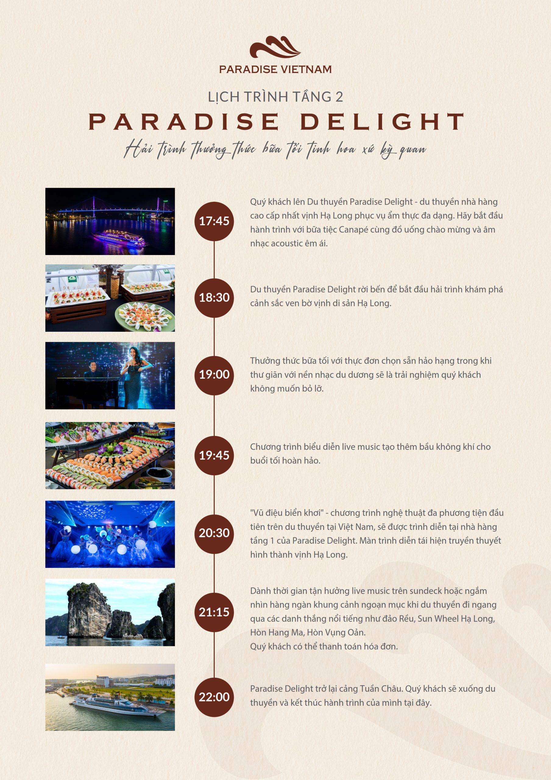 Du thuyền nhà hàng Paradise Delight Hạ Long 13 Lịch trình du thuyền nhà hàng Paradise Delight dining cruise Hạ long tầng 2 buổi tối