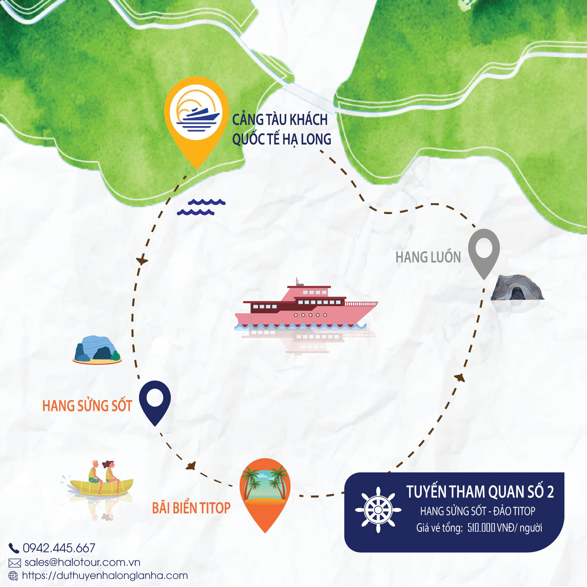 Bảng giá tàu ghép thăm vịnh Hạ Long 2025 mới nhất 12 Tuyến thăm quan số 2 có giá vé thăm vịnh và vé ghép tàu tổng cộng 510.000 VNĐ/khách