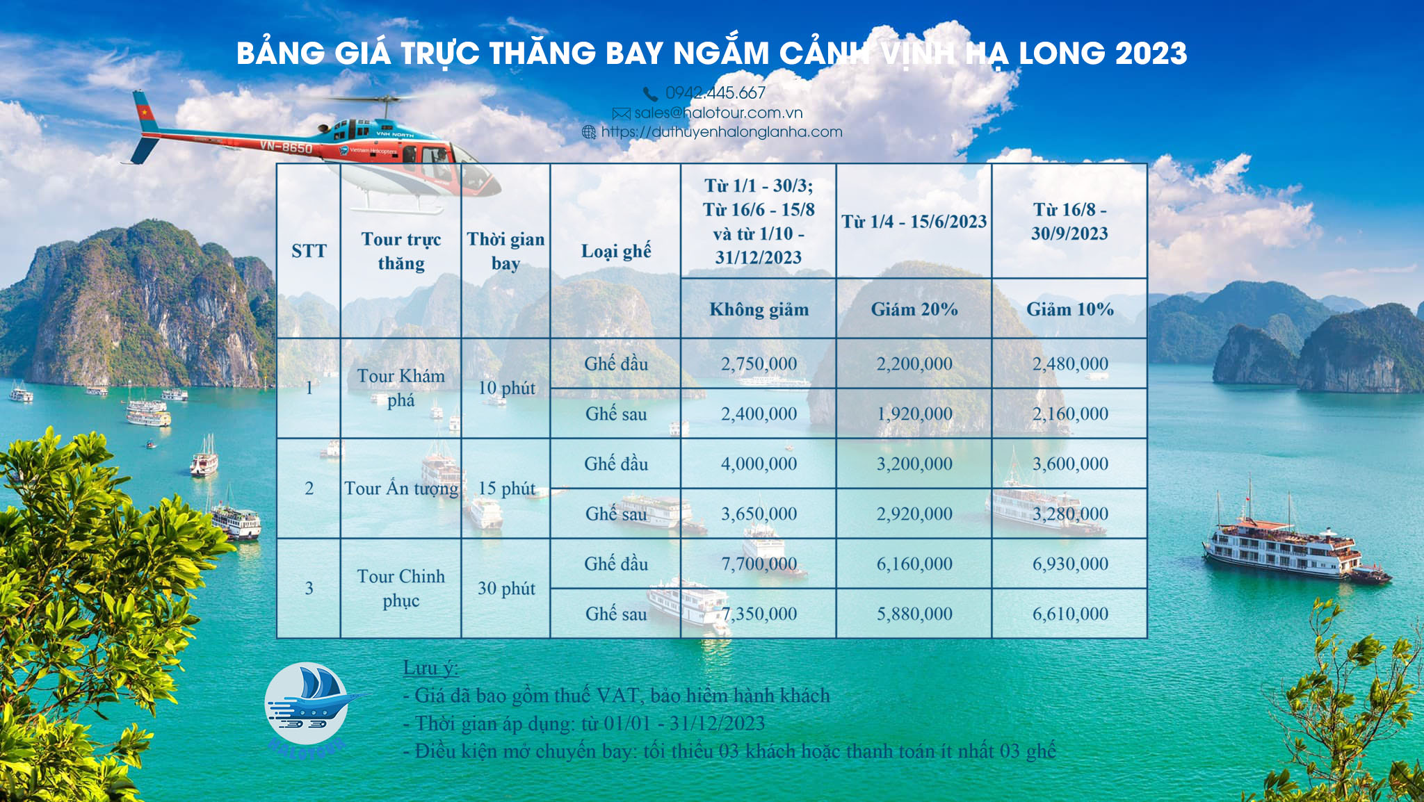 Trực thăng bay ngắm cảnh vịnh Hạ Long từ A đến Z 20 Bảng giá vé trực thăng bay ngắm cảnh vịnh Hạ Long xuất phát từ Tuần Châu, Quảng Ninh 2023 mới nhất giá ưu đãi của Halotour