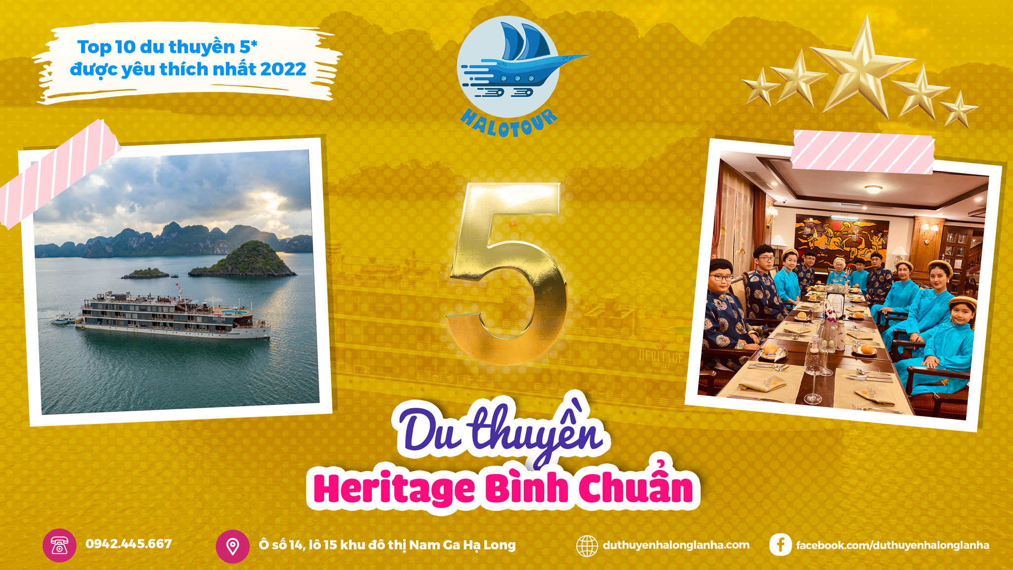 Du thuyền Heritage Bình Chuẩn cruise được bình chọn là 1 trong 10 du thuyền ngủ đêm 5* vịnh Hạ Long - vịnh Lan Hạ được du khách yêu thích nhất 2022