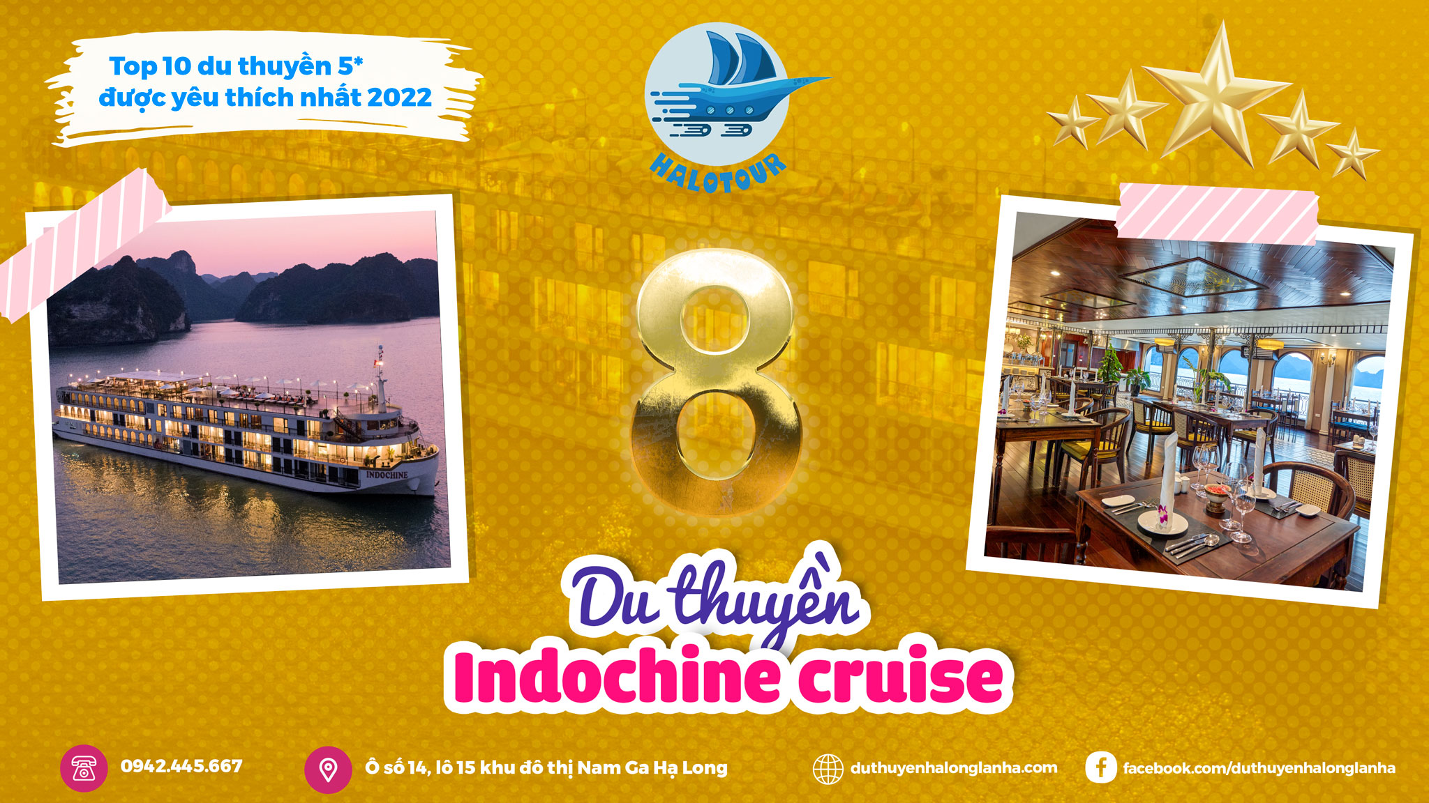 Du thuyền Indochine cruise được bình chọn là 1 trong 10 du thuyền ngủ đêm 5* vịnh Hạ Long - vịnh Lan Hạ được du khách yêu thích nhất 2022