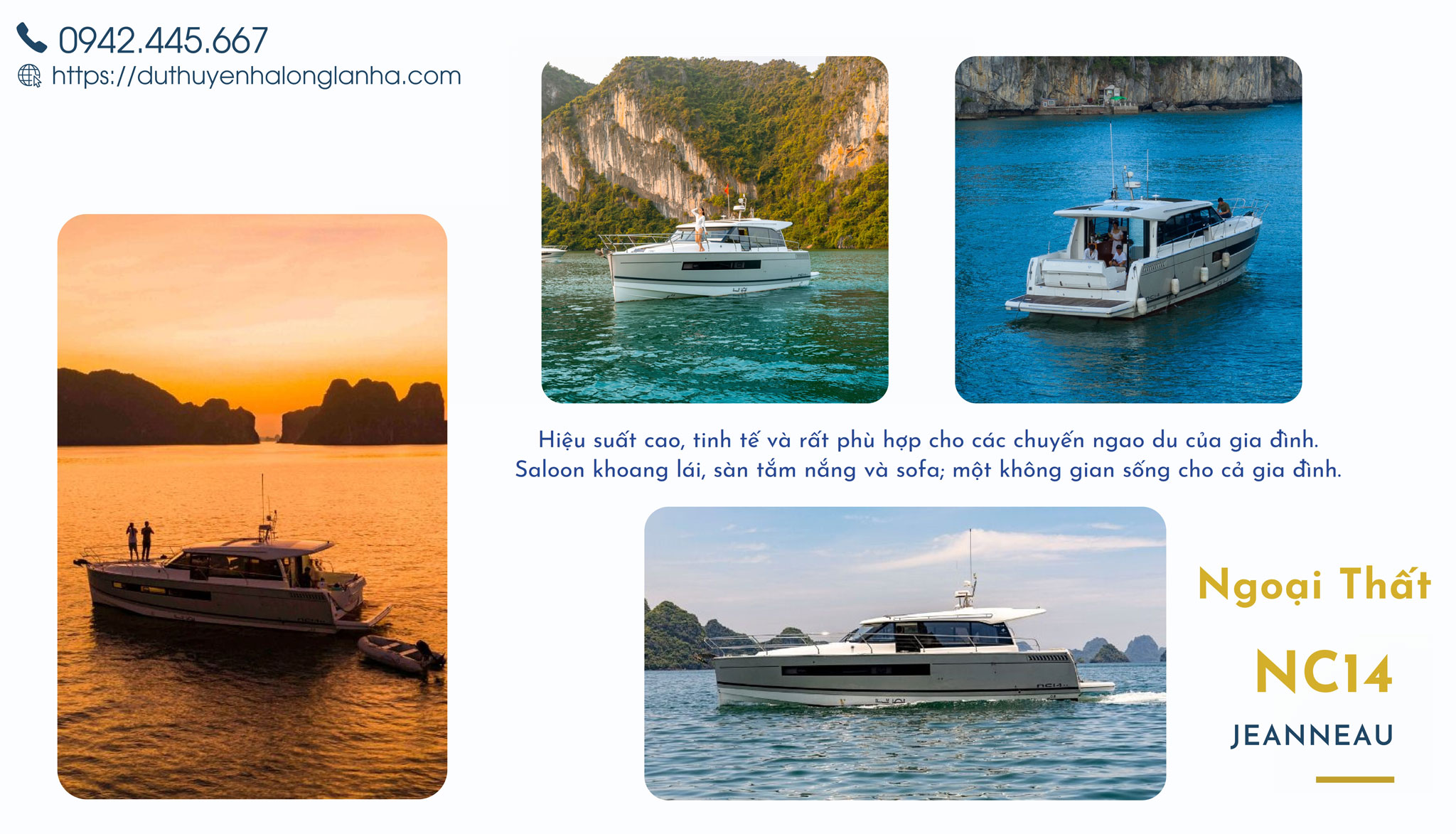 Du thuyền cá nhân hạng sang cho thuê tại Hạ Long 30 Ngoại thất hiện đại đẳng cấp của dòng NC14 rất rộng rãi với 2 phòng ngủ và sức chứa tối đa 9 người