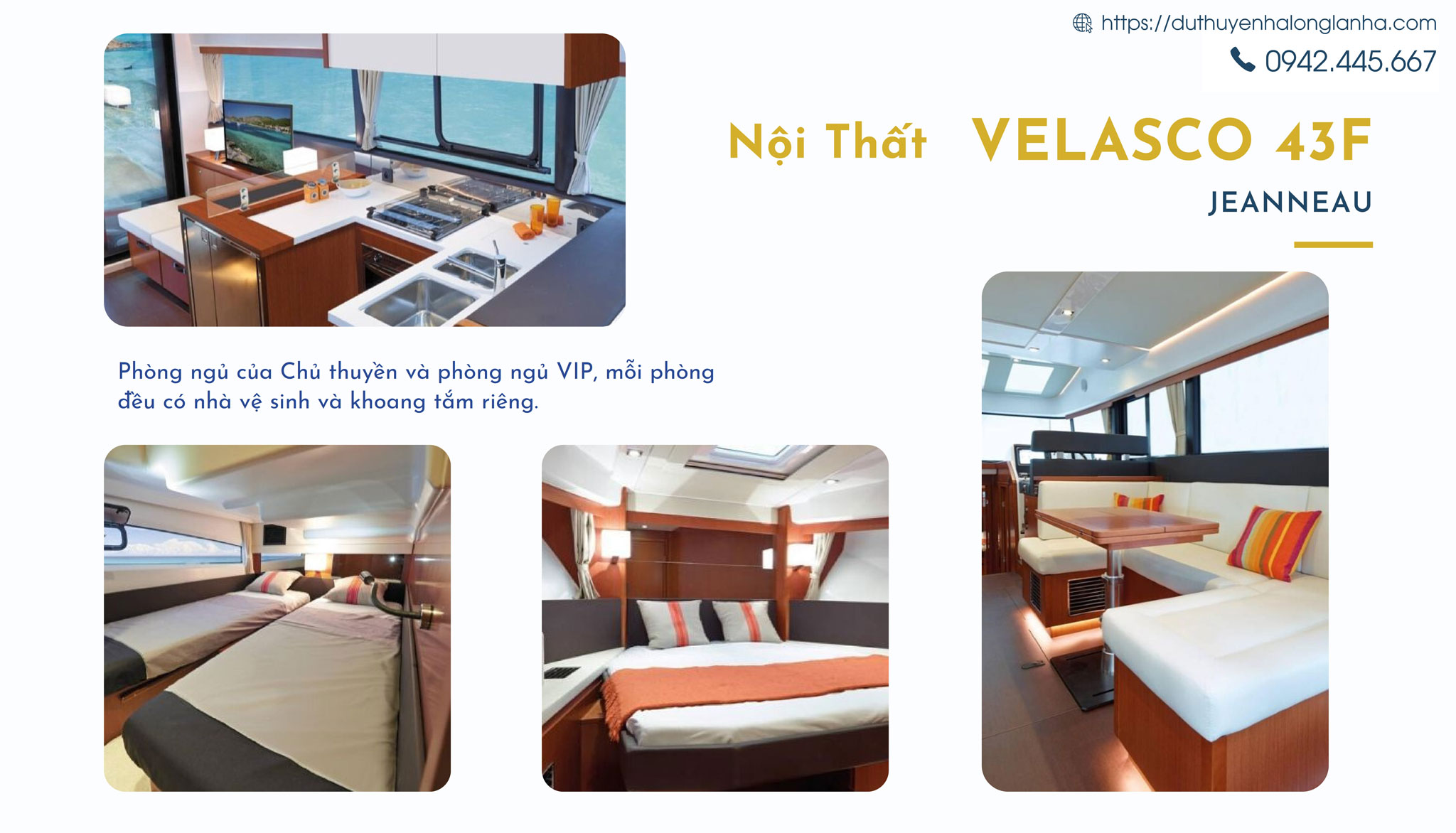 Du thuyền cá nhân hạng sang cho thuê tại Hạ Long 35 Nội thất đẳng cấp của Velasco 43F lái nóc với 2 cabin phòng ngủ, sức chứa tối đa lên tới 9 người