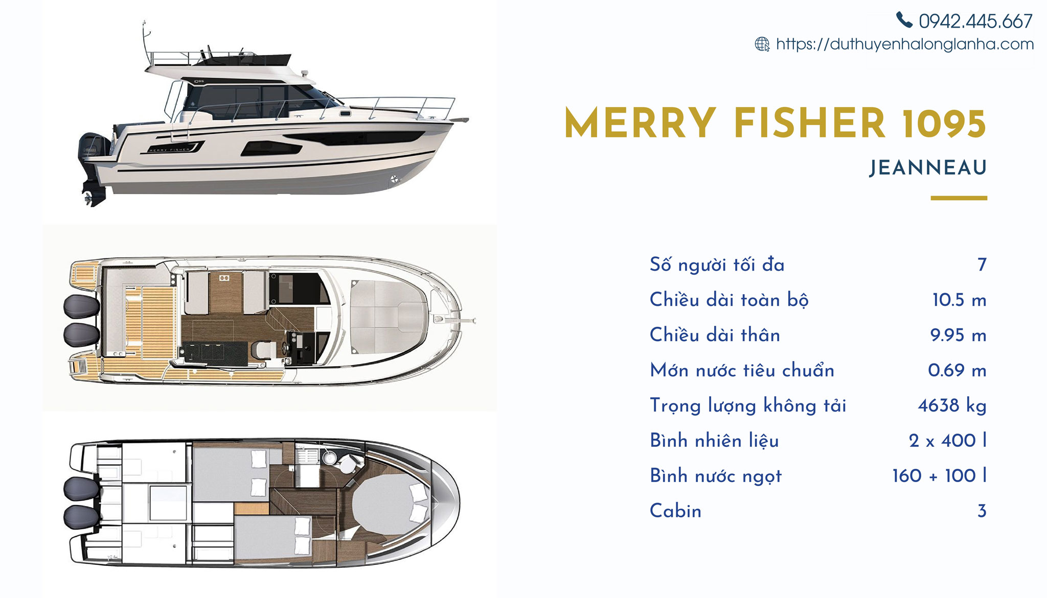 Du thuyền cá nhân hạng sang cho thuê tại Hạ Long 18 Thông số kỹ thuật của dòng Merry Fisher 1095 với 3 phòng và sức chứa tối đa 7 người
