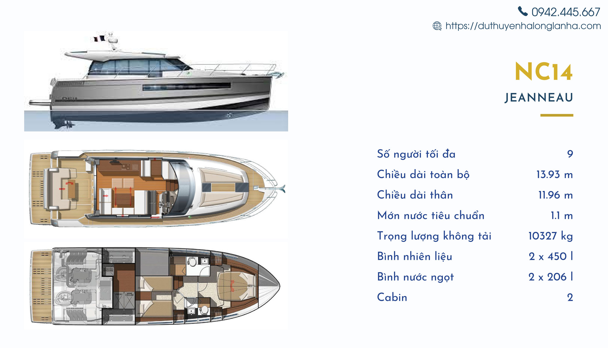 Du thuyền cá nhân hạng sang cho thuê tại Hạ Long 29 Thông số kỹ thuật của dòng NC14 rất rộng rãi với 2 phòng và sức chứa tối đa 9 người