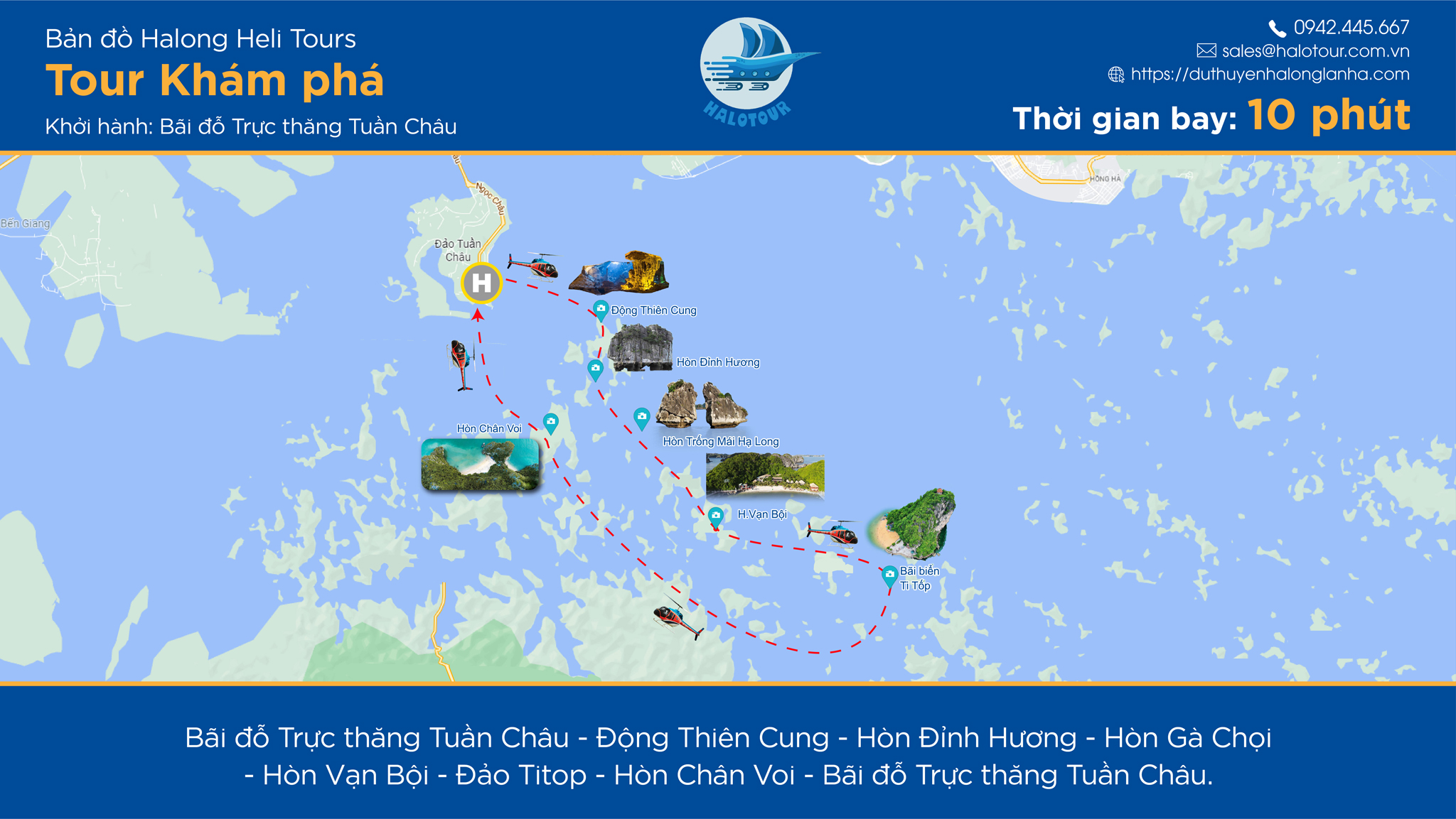 Trực thăng bay ngắm cảnh vịnh Hạ Long từ A đến Z 17 Lịch trình tour Khám phá 10 phút trực thăng Tuần Châu, Quảng Ninh bay ngắm cảnh vịnh Hạ Long