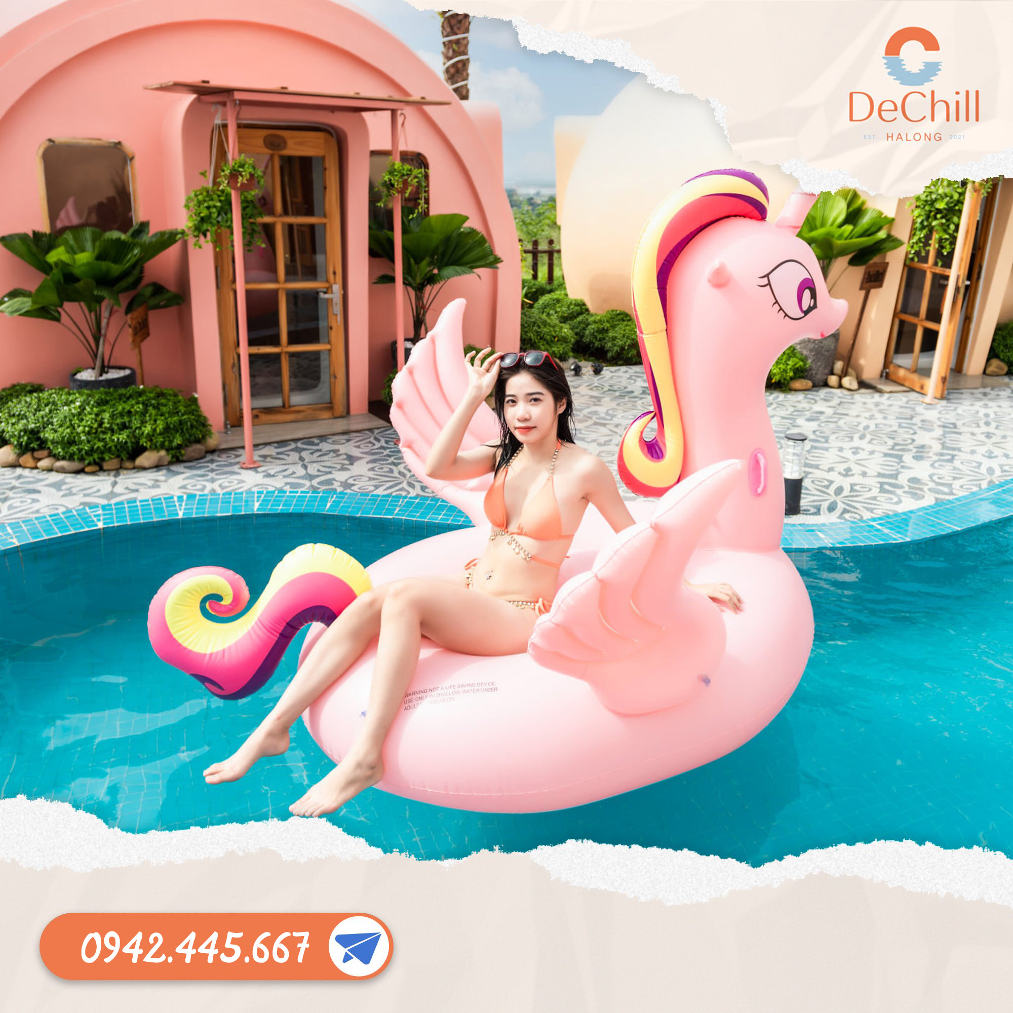 De Chill homestay Tuần Châu, Hạ Long có bể bơi riêng với phao bơi lớn chuyên để check in sống ảo