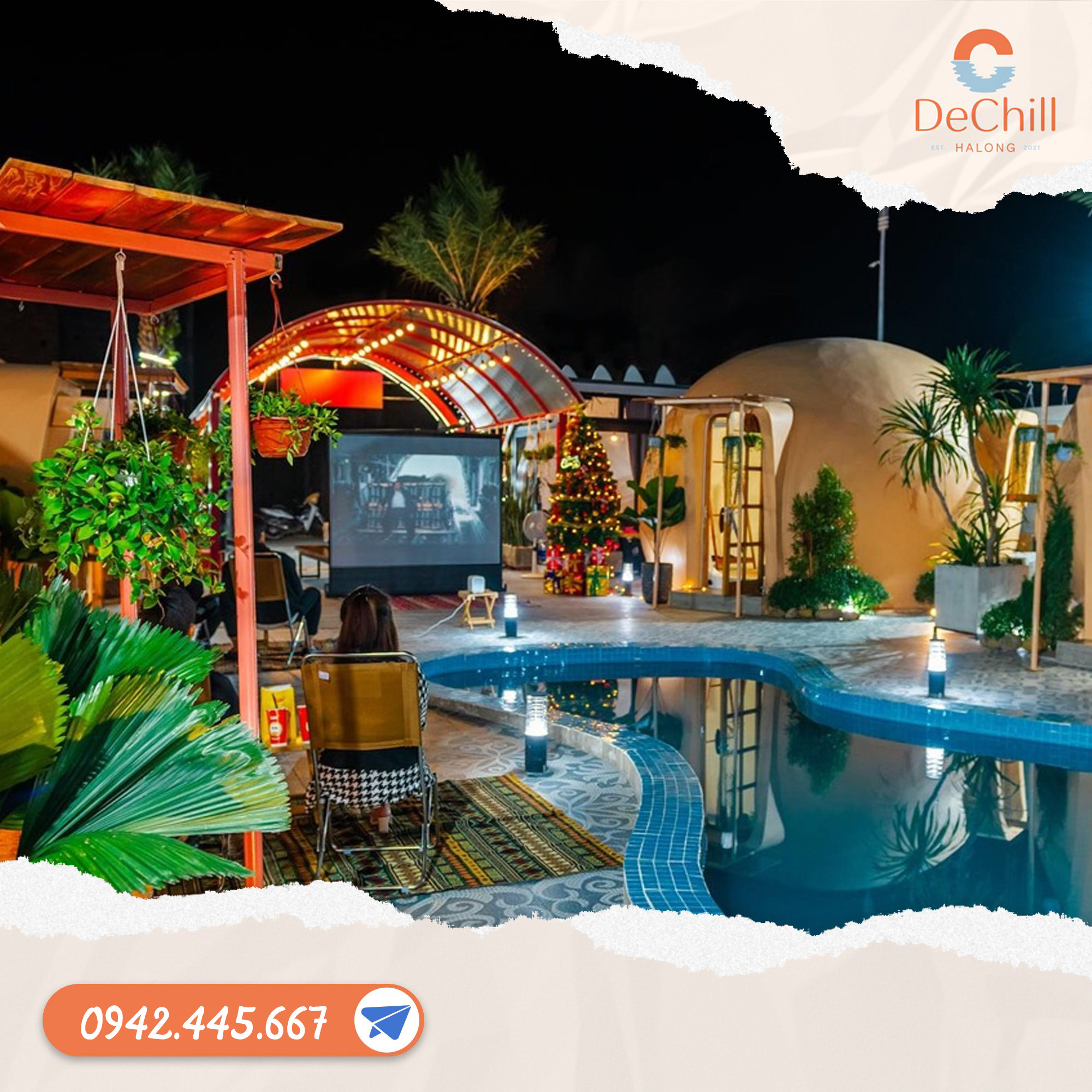 Buổi tối xem phim bên cạnh hồ bơi cực chất tại De Chill homestay Tuần Châu, Hạ Long