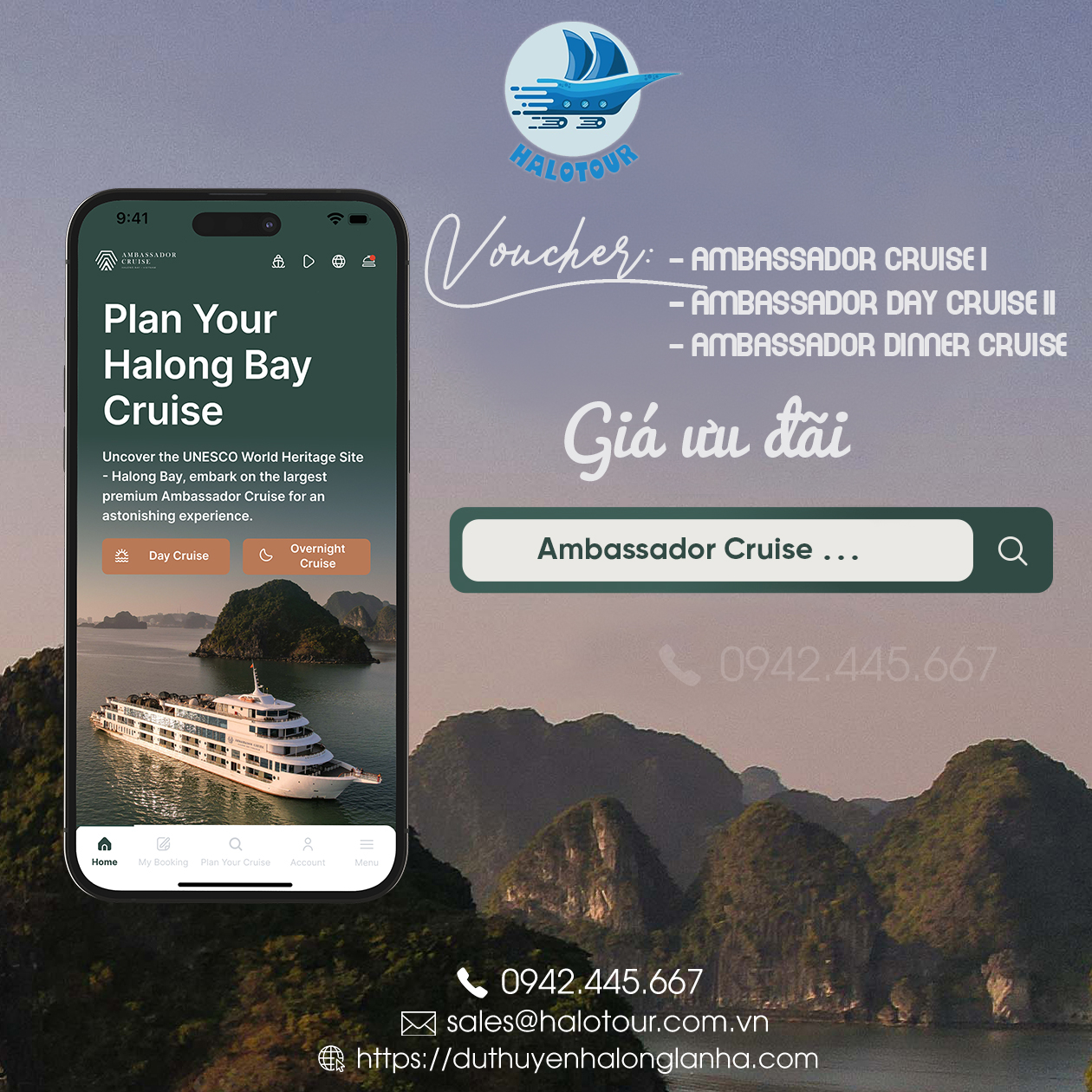 Halotour là đơn vị chuyên cung cấp và phân phối voucher du thuyền Ambassador giá rẻ qua website duthuyenhalonglanha.com