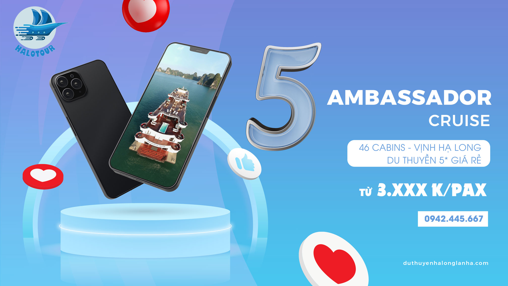 Top 5 du thuyền ngủ đêm 6 sao đẳng cấp nhất 13 Ambassador cruise có 46 cabin phòng là 1 trong những du thuyền 5 sao lớn nhất vịnh Hạ Long